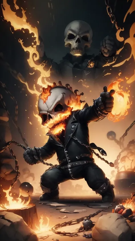 <lora:littlebigplanet:1> littlebigplanet sackbaby <lora:ghostrider:1> Ghost Rider, skeleton man on fire, with chains and motorcycle, marvel super hero, (Masterpiece:1.3) (best quality:1.2) (high quality:1.1)