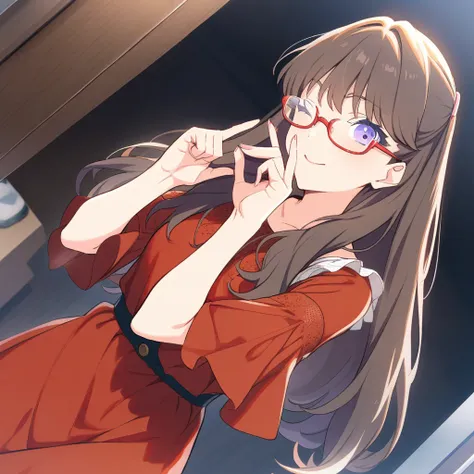 masterpiece, best quality, very aesthetic, absurdres, <lora:megumi-sdxl-000008:1>,
glasses, half rim glasses, red glasses, hands on glasses,
hasumegumi, long hair, brown hair, purple eyes, two side up, hair over shoulder,
casual clothes, feminine clothes, ...