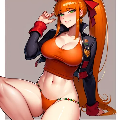 high quality, 4k,  masterpiece, <lora:Ms_Rei:1> 1girl, solo, rei_pt, green eyes, ponytail, blunt bangs, long hair, red hair ribbon, orange hair,  gold cross earrings, red tank top,  cleavage, midriff, navel, red thong, beaded thong tie, leather jacket with...