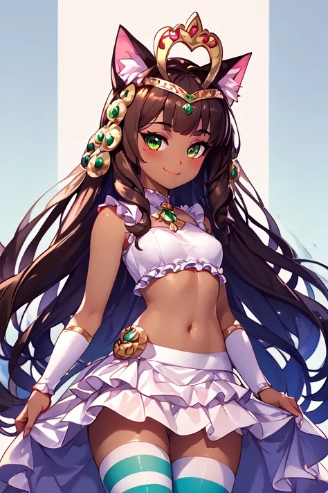 score_9, score_8_up, score_8, big breasts, (curvy), 4000 year old goddess, elegant mature cat goddess, eyelashes,       BREAK, , zzBastet, brown hair, green eyes, tiara, medium breasts,   white skirt, white crop top, medium breasts, ankle lace-up, cat ears...