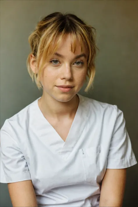 1girl, portrait shot, nurse wearing a white scrubs, sweet smile, pixie cut with bangs, at the hospital, detailed face, (photorealistic, absurdres, best quality, masterpiece:1.4), (high detailed skin:1.3)
 <lora:milly_alcock_lora_v01:1> milly00