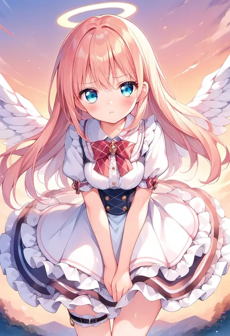 score_9, score_8_up, score_7_up, source_anime, 1girl, petticoat, frills, ribbon, thigh strap, blush, pout, angel wings, sky, sunset, from above, v-shaped arms