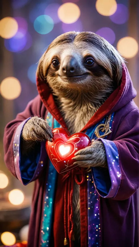 Dull photo of a perfect background Wizzard sloth with mage stuff and mage robe and super great composition heart formed bokeh in background