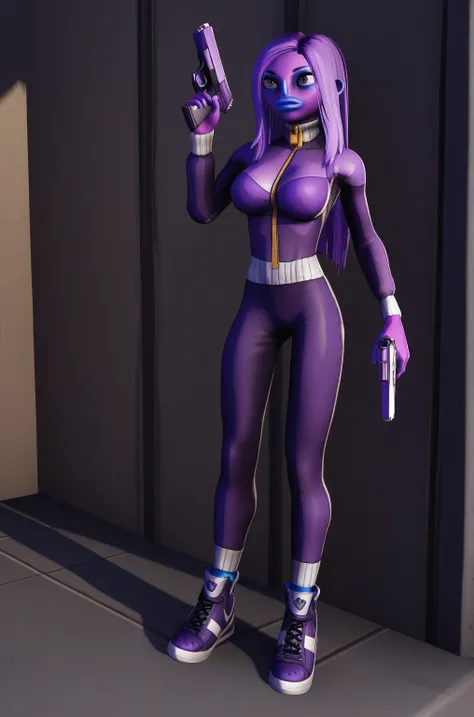 1girl,solo,colored skin,purple hair,makeup,eyeliner,<lora:The_Violence_Gang_girl:0.8>,long hair,skinny body,big breasts,complex background,ultra detailed,pistol,<lora:Body Type_alpha1.0_rank4_noxattn_last:2>,<lora:Perfect Hands:0.5>,Perfect Hands,, maximum...