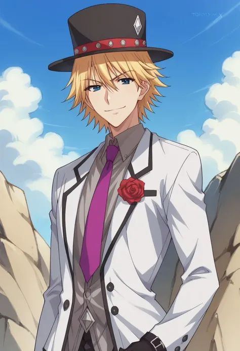 score_9, score_8_up, score_7_up, source_anime, highly detailed,
KaiNijuuri, solo, 1boy, male focus, hat, blonde hair, gloves, monocle, necktie, flower,
top hat, purple necktie, rose, upper body, blue eyes, black gloves,
formal, smile, smirk, suit, standing...