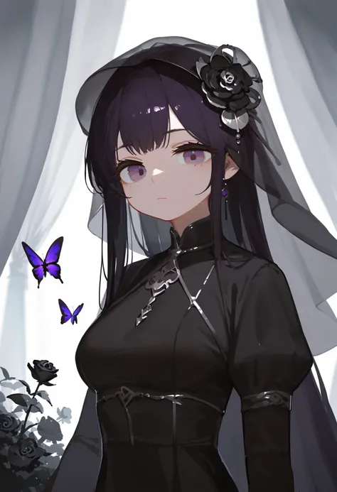 score_9, score_8_up, score_7_up, score_6_up, <lora:Antifreeze3XL_TPN6_lokr_V53P1:0.95>  1girl, butterfly, bug, solo, veil, black flower, black rose, purple eyes, black hair, long hair, looking at viewer, upper body, flower, dress, black dress, purple butte...