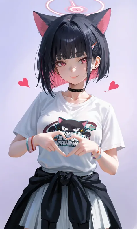 score_9,score_8_up,score_7_up,source_anime,,medium_breasts,kazusa_(blue_archive),:q,t-shirt,hairclip,white_shirt,kazusa_(band)_(blue_archive),solo,black_choker,short_sleeves,collarbone,bracelet,1girl,heart_hands,white_skirt,looking_at_viewer,<lora:blue_arc...