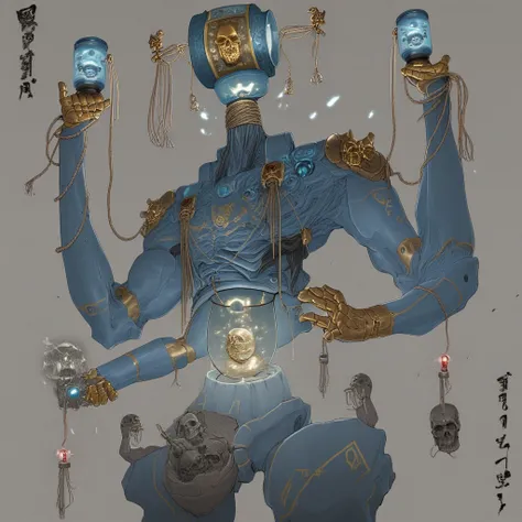blue arms, lantern, tied neck, glowing eye, four arms, holding lantern, golden skull, rope, crown, dynamic pose, hands holding liquid, mecha, monochrome, electricity, golden crystals, cyborg, opened mouth, long hair, pain, floating object, arms in belly, b...