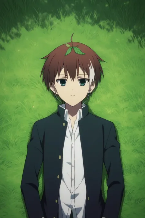 score_9, score_8_up, score_7_up, score_6_up, masterpiece, best quality, amazing quality, best aesthetic, absurdres, intricate details, akatsuki iride, brown hair, blue eyes, 1boy, male focus, solo, school uniform, grass, lying, leaf, parody, multicolored h...