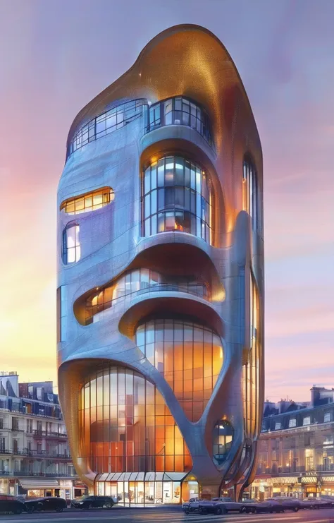 masterpiece,best quality,<lora:tbh394-sdxl:0.6>,illustration,designed by Auguste Perret Futuristic skyscraper with organic shapes, inspired by Zaha Hadid, gleaming under a sunset sky