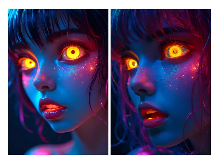 Anime art of a mesmerizing close-up portrait of a an anime girl 1girl, solo, vampire teeth, bathed in vibrant neon colors. Face illuminated by a kaleidoscope of electric hues - cyan, magenta, yellow, and emerald green. Striking contrast between cool blues ...