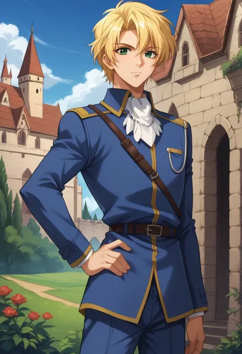 score_9, score_8_up, score_7_up, source_anime, highly detailed, 
wolfram, 1boy, solo, male focus blonde hair, uniform, green eyes, military, hand on hip,
military uniform, ascot, looking at viewer, belt, slender, skinny,
outdoor, medieval, castle, sky,