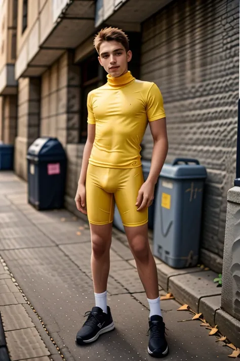 <lora:LCM_LoRA_Weights_SD15:1>,<lora:B1k35h0rt5-v2:0.7>,a 20yo old man wearing a colorfull Yellow bikeshorts,b1k35h0rt5,sneakers,Ribbed Turtleneck,