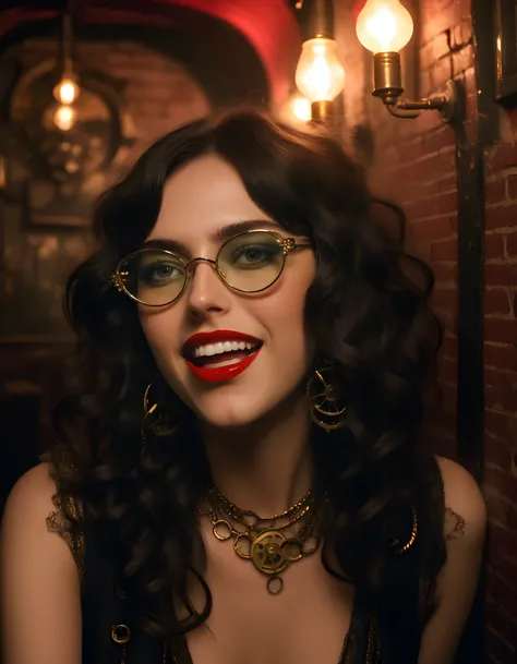 In a grungy, dimly lit underground speakeasy in the heart of 1920s New York City, a woman named S4LTY, with her long, wavy black hair cascading down her back and adorned in a unique, steampunk-inspired outfit complete with brass gears, intricate jewelry, a...