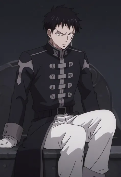 score_9, score_8_up, score_7_up, source_anime, rating_safe, MestFT, Mest scar, grey Mest earrings, 1boy, male focus, anime screencap, black Mesty hair, black-grey Mest coat, black-yellow Mest belt, white Mest pants, white Mest gloves, cropped feet, sitting...