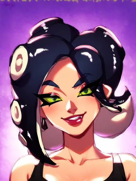 score_9, score_8_up, score_7_up, score_6_up, score_5_up,  rating_safe, octoling girl, beautiful face, facial symmetry, mature, woman, looking at viewer, green sclera, black hair, tentacle hair, snarl, 8K, highres, crisp shading