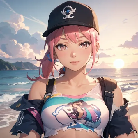 1girl, standing, looking at viewer, seductive smile, <lora:FKBBomber-000010:0.5>, fkbbomber, dark skin, pink hair, ponytail, baseball cap, crop top, off shoulder, bra strap, navel, black shorts, torn clothes, fingerless gloves, beach, sea