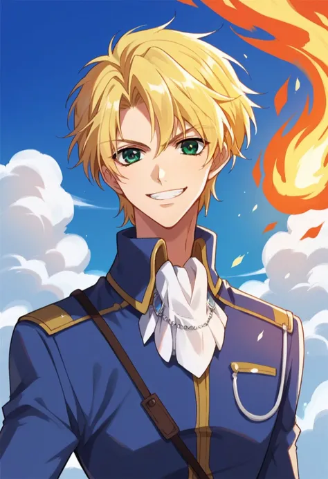 score_9, score_8_up, score_7_up, source_anime, highly detailed, 
wolfram, 1boy, solo, male focus blonde hair, uniform, green eyes, military, 
military uniform, ascot, looking at viewer, slender, skinny, fire, pyrokinesis, grin,
outdoor, sky,