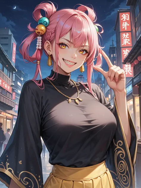 score_9, score_8_up, score_7_up,BREAK
1girl, solo, hair rings, pink hair, dark-skinned female, black shirt, wide sleeves, yellow skirt, hair ornament, earrings, sharp teeth, smile, looking at viewer, night sky, city, large breasts, smirk