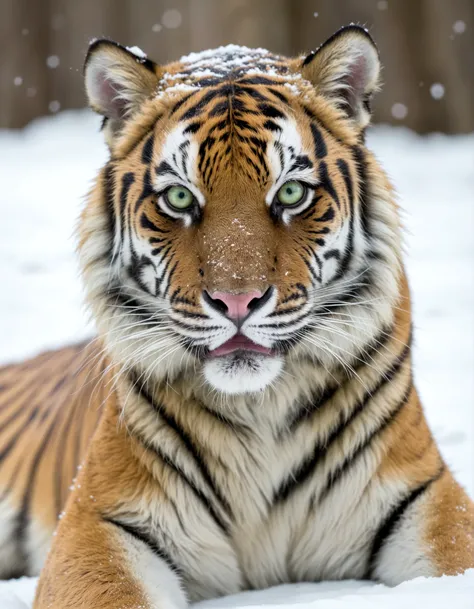 photograph, tiger, closeup, white eyes, snow