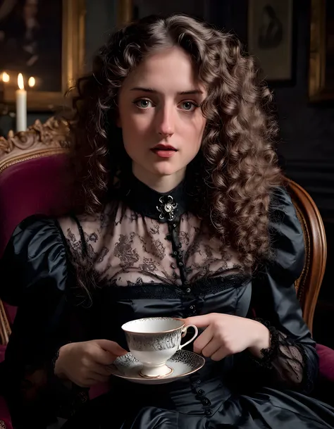 In a dimly lit, Victorian-era study, a woman named M1R4, with her long, curly brown hair cascading down to her waist, sits on an antique velvet armchair. Her intense gaze, framed by thick, dark eyebrows and expressive, brown eyes, is locked onto the viewer...