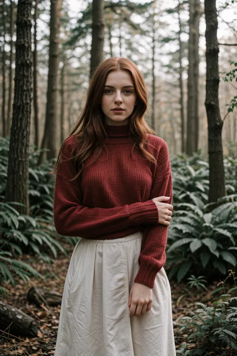 RAW photo of Neassa Móirín with sweater, red hair, forest