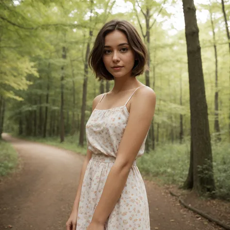 woman, tan skin, short hair, dress, forest, bokeh