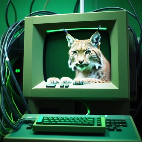 eurasian lynx, lynx, chewing on cable, mainframe, green crt, computer terminal, screen, monitor, cable mess, knobs, mntnnc_md_plz_stand_by