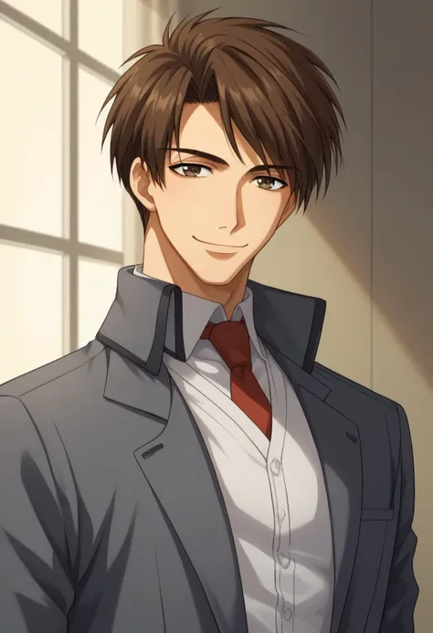 score_9, score_8_up, score_7_up, source_anime, highly detailed, 
conradweller, 1boy, male focus, solo, brown hair, brown eyes, shirt, smile, looking at viewer,
white shirt, collared shirt, upper body, necktie, red necktie, formal, jacket, grey jacket, belt...