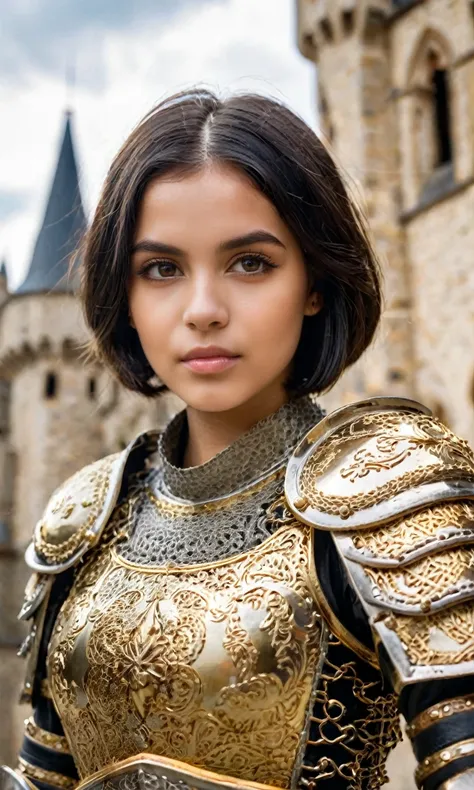 raw photo, fashion photography of cute (cute portrait of a Romanian-girl), perfect bobbed black hair, in high detailed medieval gold armor, intricate ornate weaved gold filiegree, metal gold reflections, high detailed chainmail, upper body, outdoors, profe...