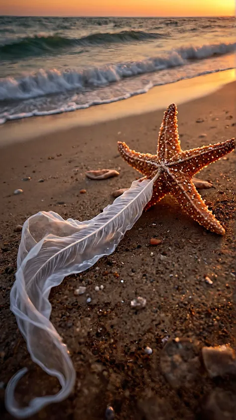 ("the marincess sea star, outcast, "a single feather falls, an ethereal gift from the sky, carrying the weight of unspoken dream...