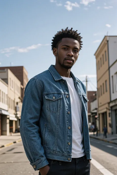 RAW photo of young african man standing on a city street, looking to the side, wearing a denim jacket with a serious expression, short curly hair and a well-groomed beard, detailed skin,  background includes buildings and power lines with a slightly blurre...