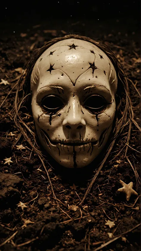 a photograph with a (crawling filth, death mask, "in the stillness of the night, stars ignite like lanterns, guiding lost souls ...