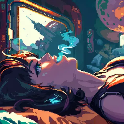 high quality pixel art, a pixel art silhouette of an anime space-themed girl in a space-punk steampunk style, lying in her bed by the window of a spaceship, smoking, with a rustic feel. The image should embody epic portraiture and double exposure, featurin...