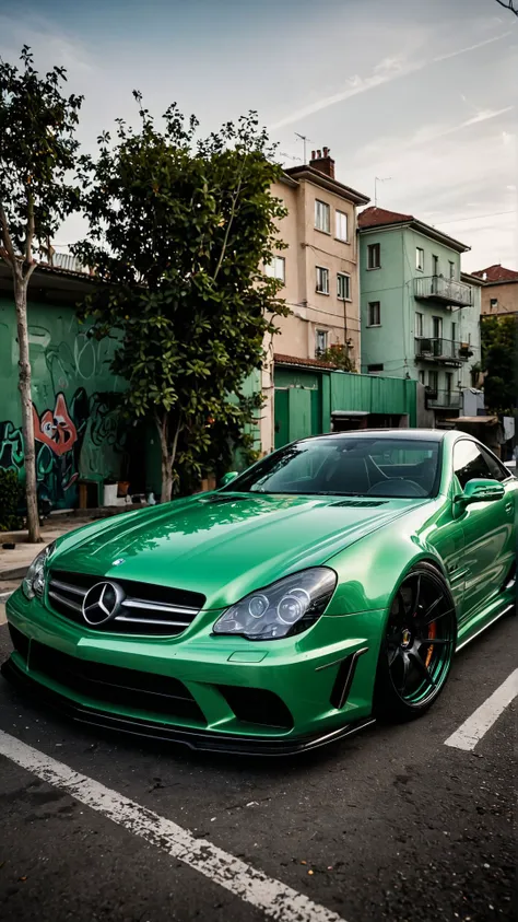 ,professional car porn photo, low angle view, super tuning car, mercedes, shiny green, back view
<lora:aidma-image upgrader-v0.1...