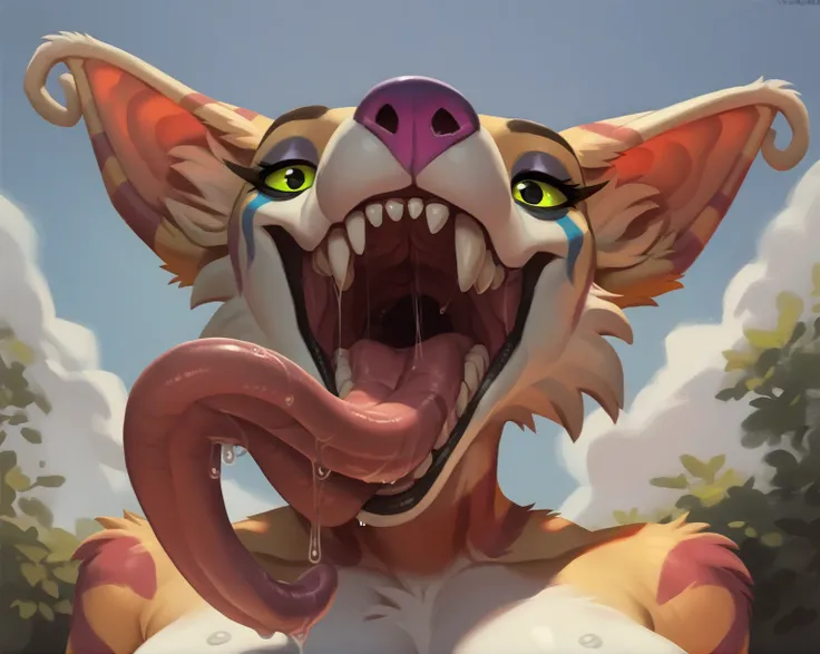 score_9, score_8_up, score_7_up, (source_furry), (rating_explicit), detailed fur, detailed eyes, solo, nude, anthro, female, crux, colored sclera, colored nose, colored markings, long ears, big ears, mawshot, imminent vore, saliva, uvula, throat, close-up,...