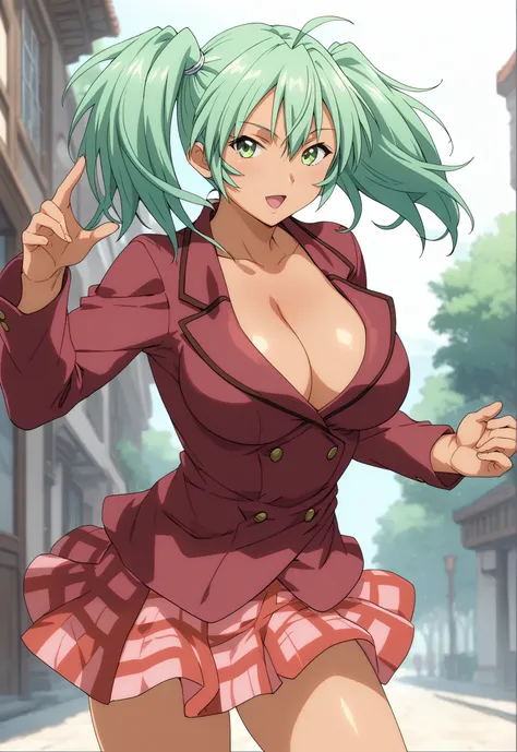 score_9, score_8_up, score_7_up, source_anime, 1girl, solo, outdoors, dark-skinned female, <lora:RyofuhousenPony_V01:1> ryofu, twintails, green eyes, green hair, large breasts, cleavage, red blazer, blazer on own skin, naked blazer, nude, pink skirt, plaid...