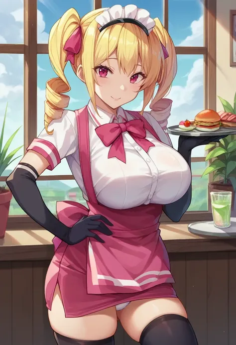 (looking at viewer, smile, happy, cowboy shot),(hand on hip, holding tray, white panties, underwear), (scenery, plant, food, window, potted plant, indoors, cafe, restaurant), solo, <lora:maidNatsuki-10:1> NatsukiMaid, blonde hair, long hair, twintails, dri...