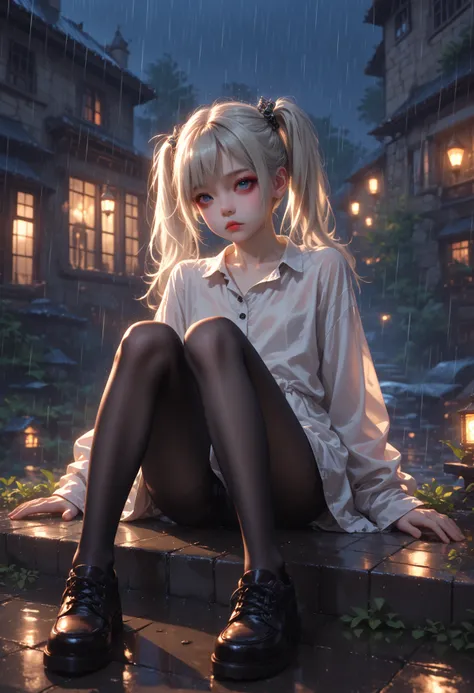 1girl,solo,petite,black pantyhose,loose clothes,goth,platinum blonde hair,twintails, Shiny skin,stone steps,night,rain,leaning back,dynamic lighting,modern,vogue, sitting,, cinematic film still,score_9,score_8_up,score_7_up,masterpiece,best quality,8k,sour...