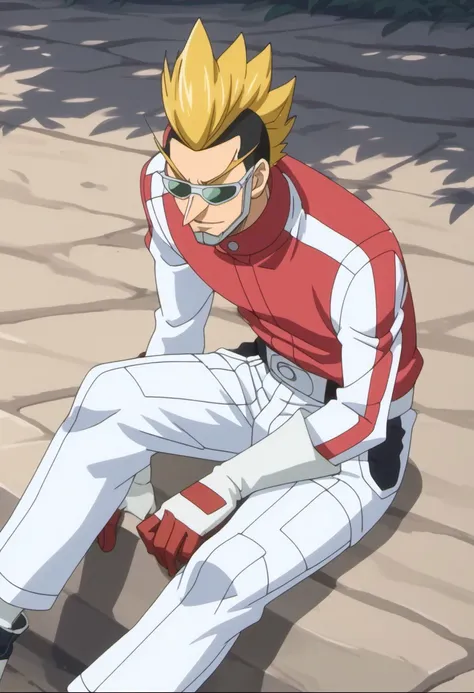 score_9, score_8_up, score_7_up, source_anime, rating_safe, SawyerFT, blonde Sawyer hair, Green pre-Oracion sunglasses, grey Sawyer jaw armor, 1boy, male focus, anime screencap, red Sawyer jacket, white-red Sawyer gloves, white Sawyer belt, white Sawyer pa...