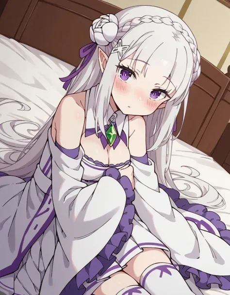 anime girl sitting on a bed with her hand on her chin