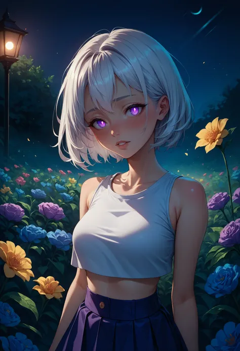 score_9, score_8_up, score_7_up, 1girl, white hair, purple eyes, glowing eyes, crop top, skirt, parted lips, blush, night, flowers, sun, sunlight,