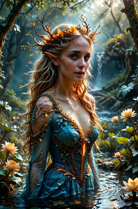 This image depicts a fantastical and ethereal scene centered around a beautiful elven or fairy-like woman in a mystical forest setting. Heres a detailed description:
The central figure is a woman with delicate, otherworldly features. She has long, flowing ...