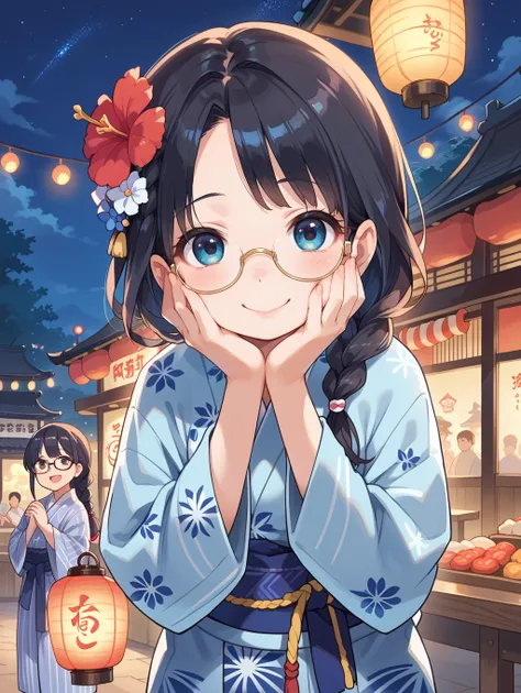 score_9, score_8_up, score_7_up,source_anime,BREAK
1girl, glasses, black hair, long hair, braid, hair flower, yukata, blue yukata, happy, smile, looking at viewer, upper body, face focus, own hands together, hands on cheek, omatsuri, food stand, night, sky...