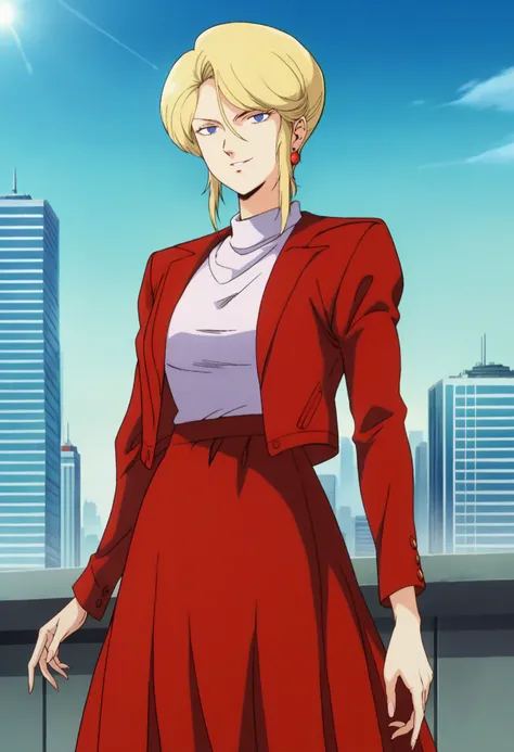 score_9, score_8_up, score_7_up, score_6_up, source_anime, <lora:HamanKarn:0.7>, HamanKarnDisguising, blonde hair, short hair, blue eyes, empty eyes, sidelocks, earrings,
turtleneck, red jacket, long skirt, red skirt, red high heels,
looking at viewer, sed...