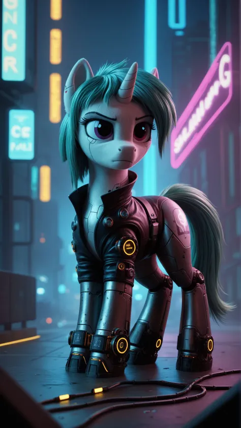 Steampunk, futuristic, best quality, high quality, highly detailed, a detailed portrait, solo, (female pony, unicorn), (cyberpunk, mechanical), (metal and wires in mane and tail), (wearing a leather outfit), (holding a gear), city, skyscrapers, neon lights...