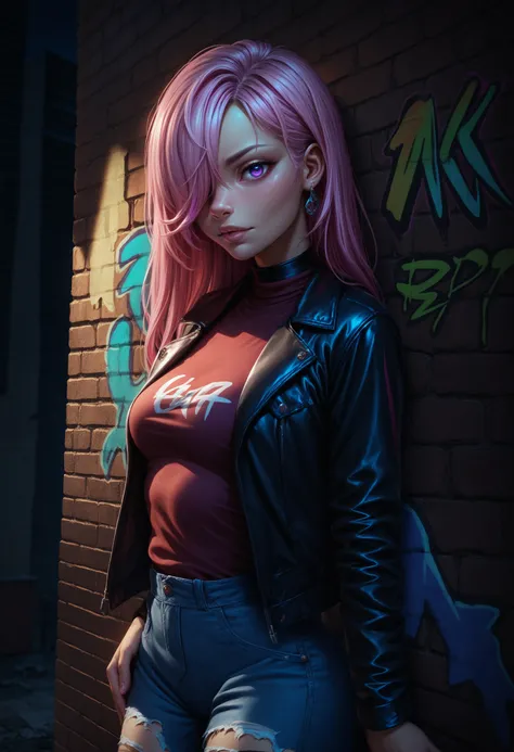 score_9, score_8_up, score_7_up, detailed, 1girl, solo, intricate details, chromatic aberration, realistic, long hair, pink hair, red head ornament, pink highlights, hair over one eye, purple eyes, earrings, sharp eyes, choker, neon shirt, torn legwear, op...