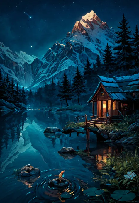 score_9, score_8_up, score_7_up, detailed, night, (dark environment), mountains, water, trees, no humans, reflection,