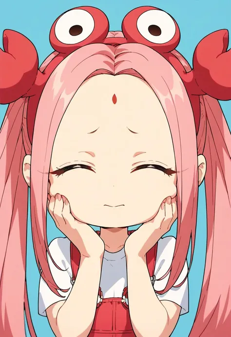 score_9, score_8_up, score_7_up, source_anime,cancer, 1girl, solo, long hair, twintails, closed mouth, closed eyes, pink hair, chibi, :3, facial mark, facing viewer, forehead mark, hands on own face, hands on own cheeks