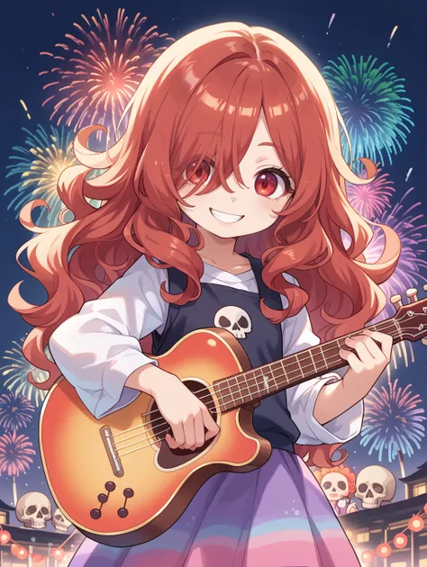 score_9, score_8_up, score_7_up,source_anime,BREAK
person, (coco:1.2), fireworks, animation hd wallpaper,colorful dog, instrument, skull,red hair, hair over one eye,medium long hair,wavy hair,red eyes,sparkling,smile,colorful,kawaii, flat colors, thick out...